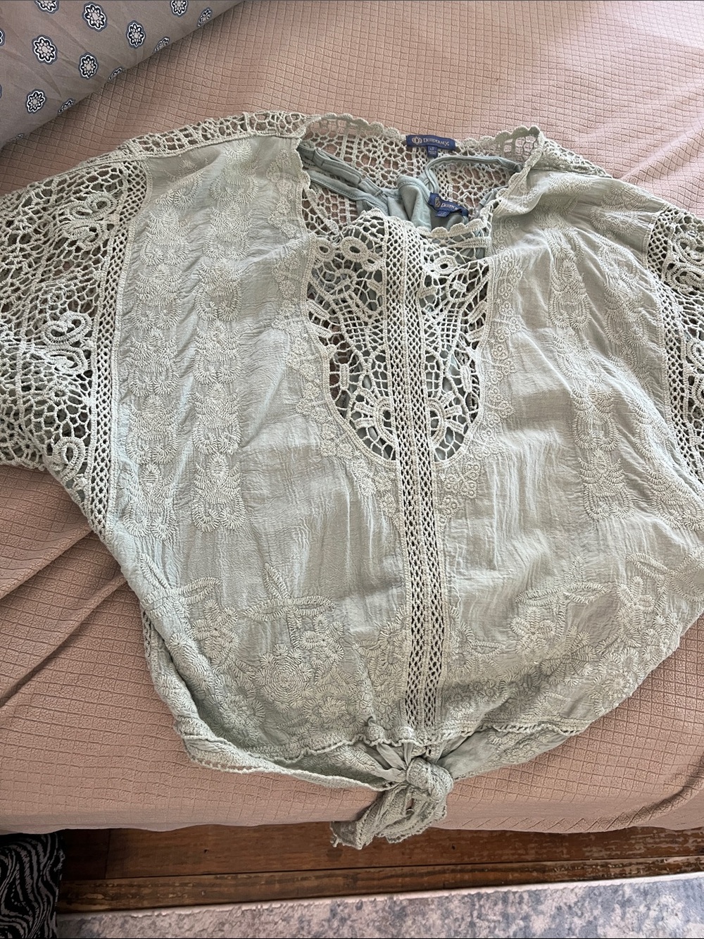 Democracy Sage Green Crochet Tie-Front Boho Blouse with attached camisole